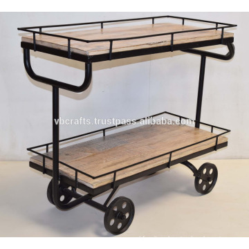 Industrial Design Serving Trolley Cast Iron wheels Mango Wood Lime Finsih